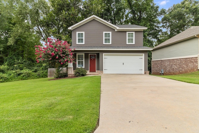 front facade with a garage and a front lawn