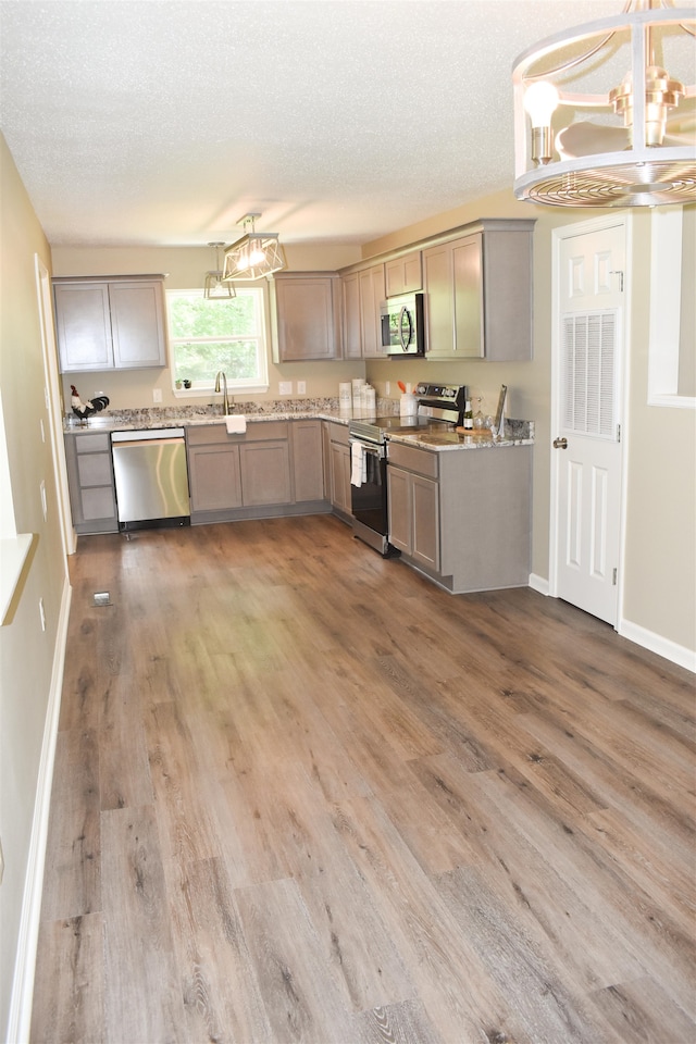 kitchen featuring hardwood / wood-style flooring, an inviting chandelier, stainless steel appliances, and decorative light fixtures