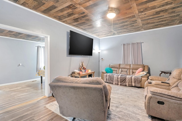 living room with crown molding, wooden ceiling, and light hardwood / wood-style floors