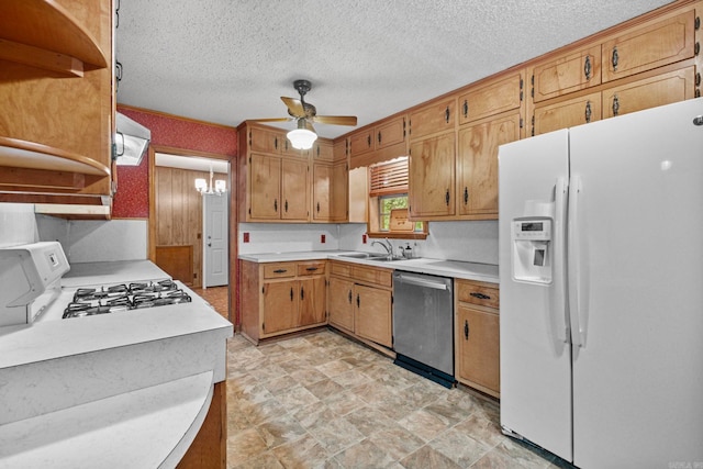 kitchen featuring stainless steel dishwasher, light tile patterned flooring, white fridge with ice dispenser, range, and ceiling fan with notable chandelier