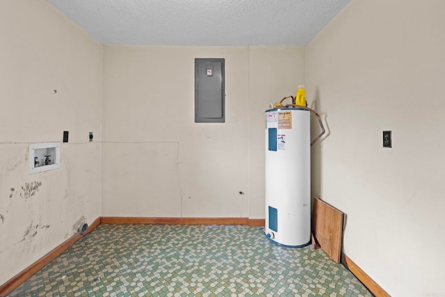 clothes washing area with a textured ceiling, electric panel, tile patterned floors, washer hookup, and water heater