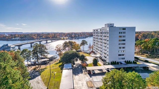 drone / aerial view featuring a water view