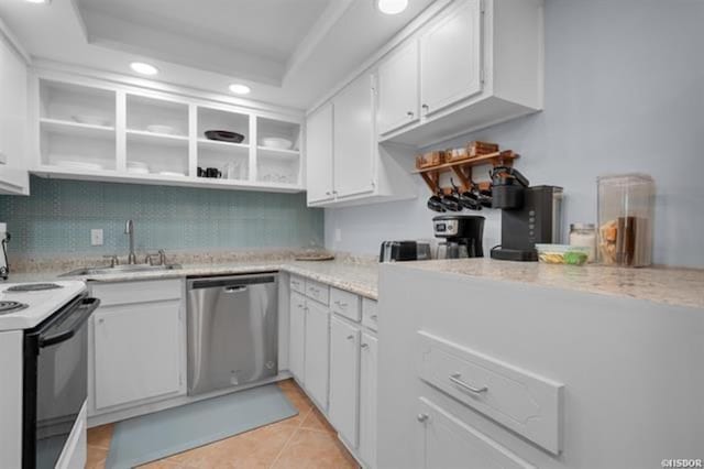 kitchen with white cabinetry, electric range oven, and stainless steel dishwasher