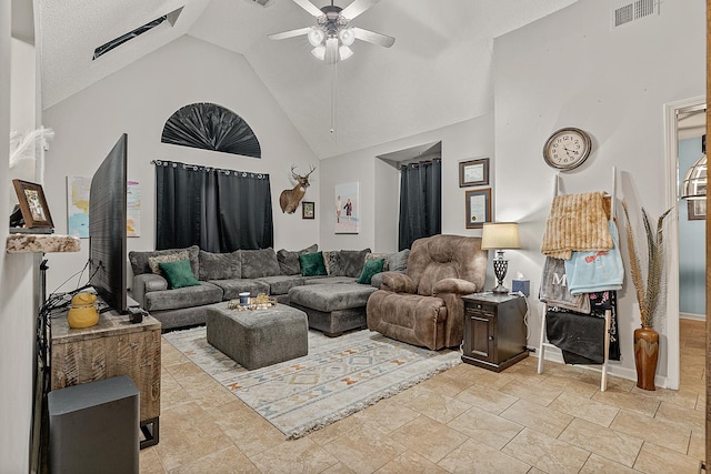 living room featuring ceiling fan, high vaulted ceiling, and a textured ceiling