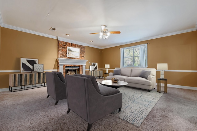 living room with ornamental molding, light colored carpet, and a fireplace