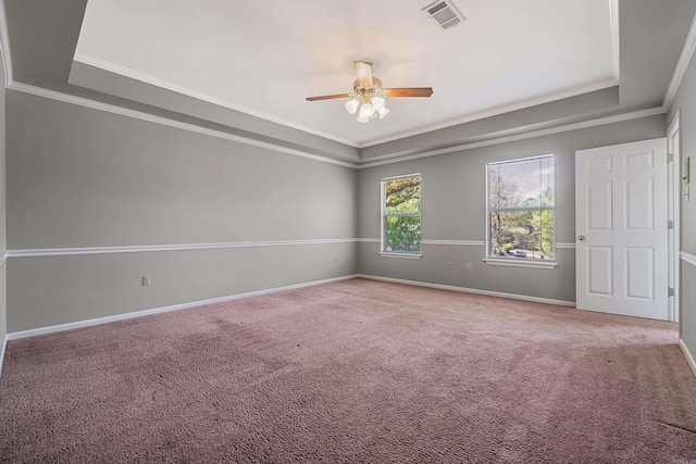 empty room featuring crown molding, a tray ceiling, and carpet