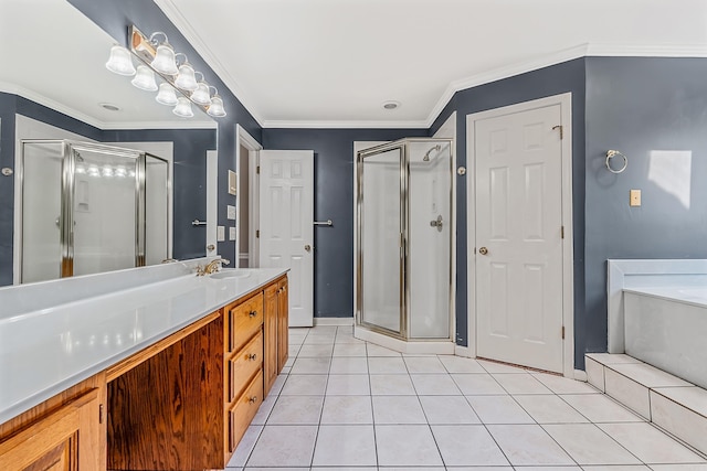 bathroom with independent shower and bath, vanity, ornamental molding, and tile patterned floors