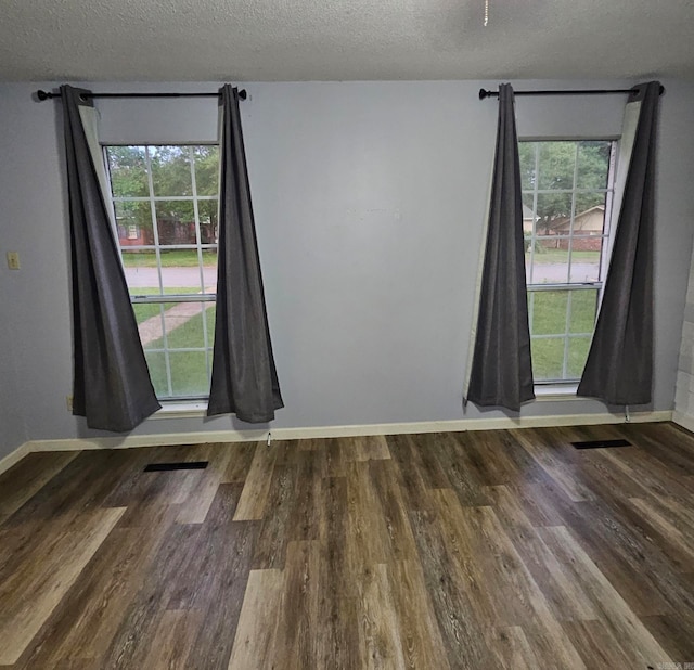 empty room with a textured ceiling, a healthy amount of sunlight, and wood-type flooring