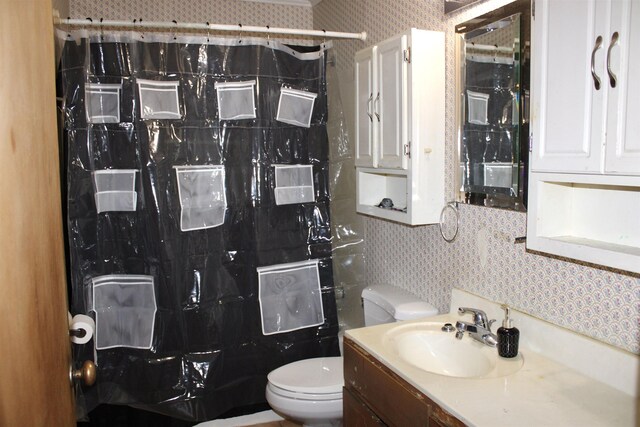 bathroom featuring vanity, toilet, and tile walls