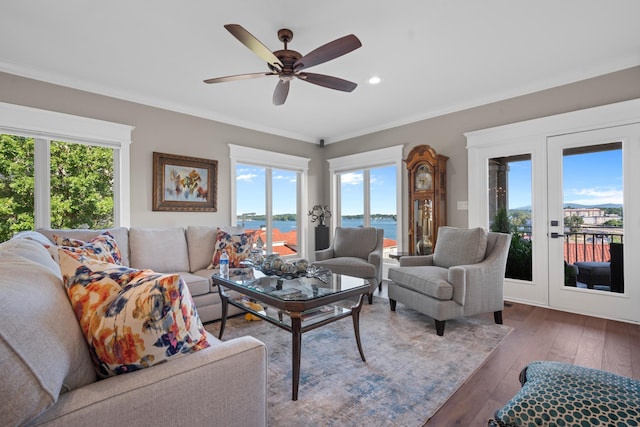 living room with crown molding, a water view, a healthy amount of sunlight, and dark wood-type flooring