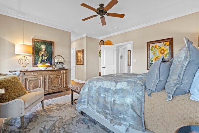 bedroom with ornamental molding, light hardwood / wood-style floors, and ceiling fan