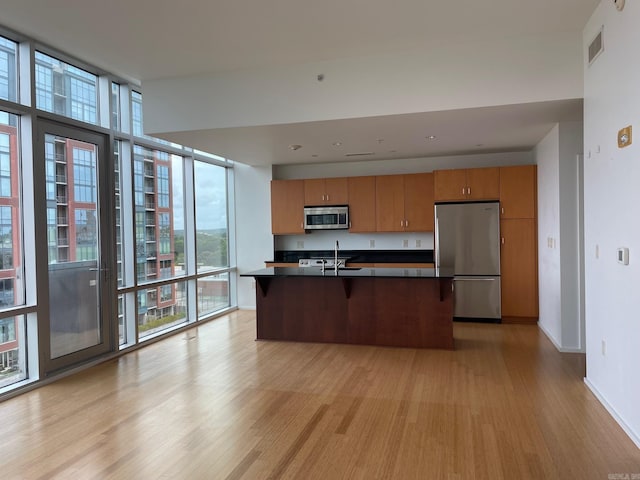 kitchen with stainless steel appliances, light hardwood / wood-style floors, a wall of windows, and plenty of natural light