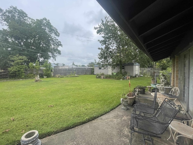 view of yard with a storage shed and a patio