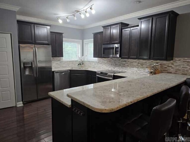 kitchen featuring dark wood-type flooring, rail lighting, tasteful backsplash, and stainless steel appliances