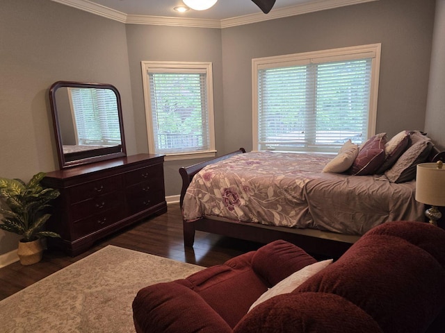 bedroom with crown molding and dark hardwood / wood-style flooring