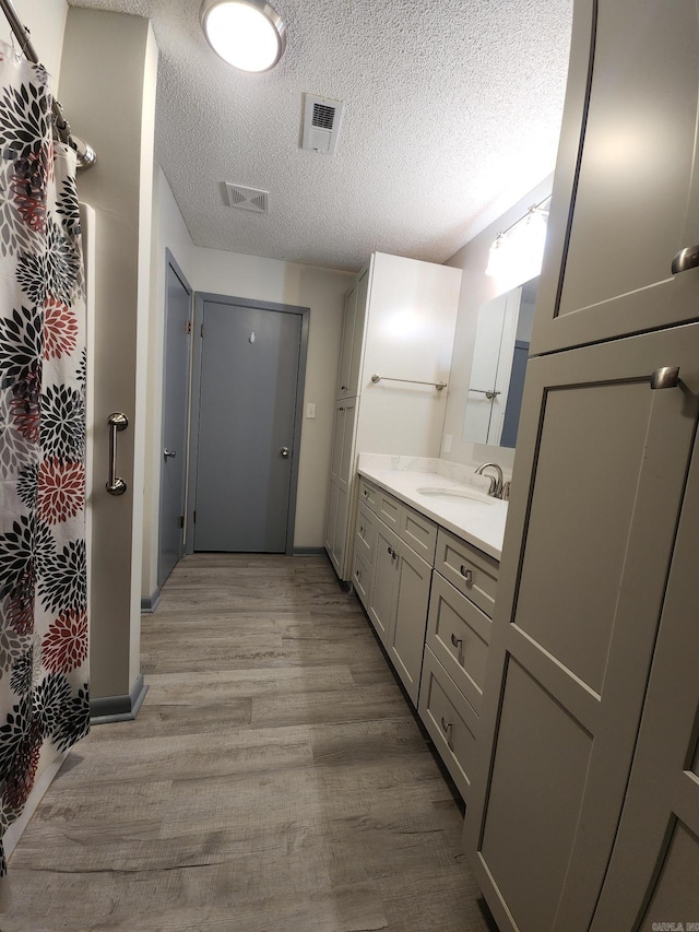 bathroom with a textured ceiling, vanity, and wood-type flooring