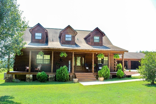 back of property with a yard and covered porch