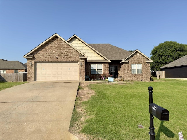 view of front of home featuring concrete driveway, brick siding, an attached garage, and a front lawn