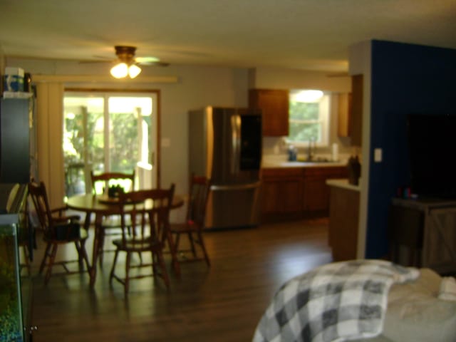 dining area with dark hardwood / wood-style flooring, ceiling fan, and a healthy amount of sunlight