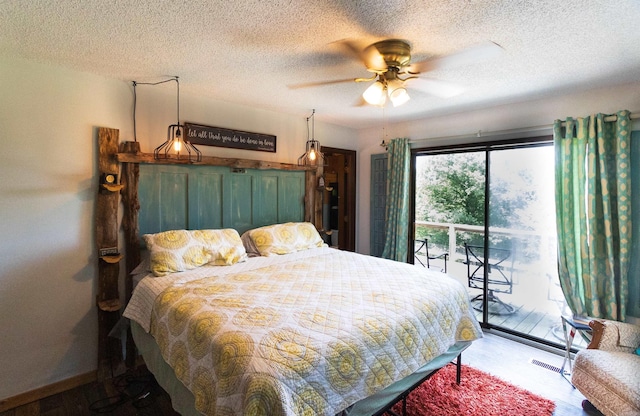 bedroom featuring access to outside, a textured ceiling, ceiling fan, and wood-type flooring