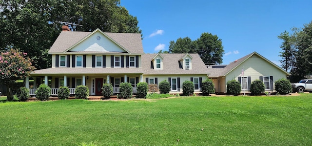 colonial home with a front lawn and covered porch