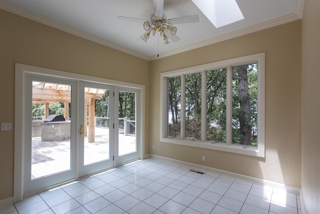 doorway to outside with ornamental molding, visible vents, and light tile patterned floors