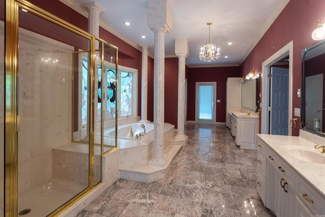 full bathroom featuring a wealth of natural light, decorative columns, a sink, and a shower stall