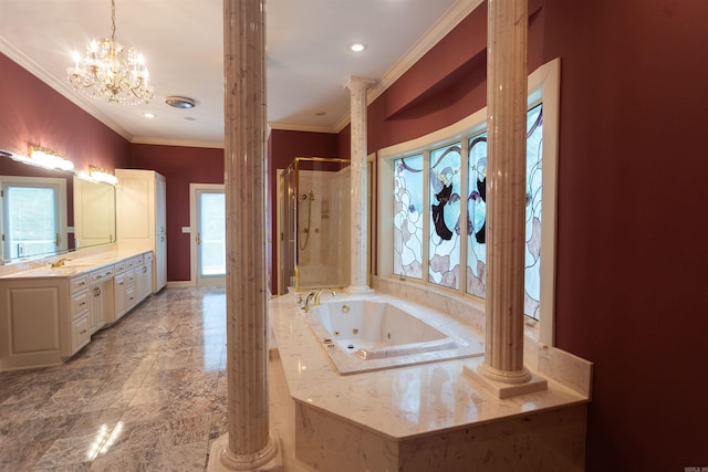 bathroom featuring a stall shower, a tub with jets, ornamental molding, vanity, and ornate columns