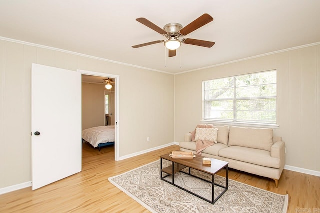 living room featuring light hardwood / wood-style floors, ceiling fan, and crown molding