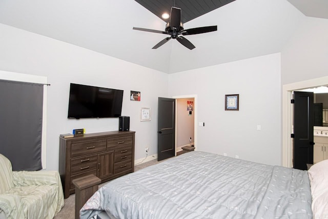 carpeted bedroom featuring ensuite bathroom, ceiling fan, and high vaulted ceiling