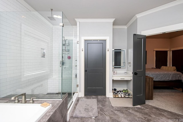 bathroom with a shower with door, tile patterned flooring, and crown molding