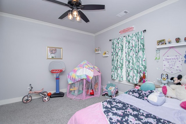 bedroom with ceiling fan, carpet, and ornamental molding