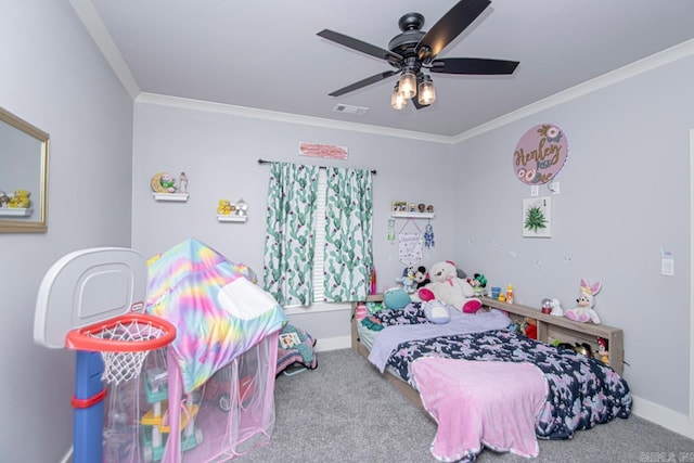 bedroom with carpet, ceiling fan, and crown molding