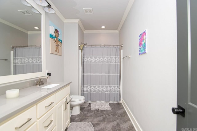 bathroom with tile patterned floors, crown molding, toilet, and vanity