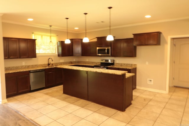 kitchen with decorative light fixtures, sink, a kitchen island, appliances with stainless steel finishes, and light tile patterned floors