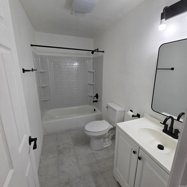 full bathroom featuring toilet, tile patterned floors, tiled shower / bath combo, and vanity