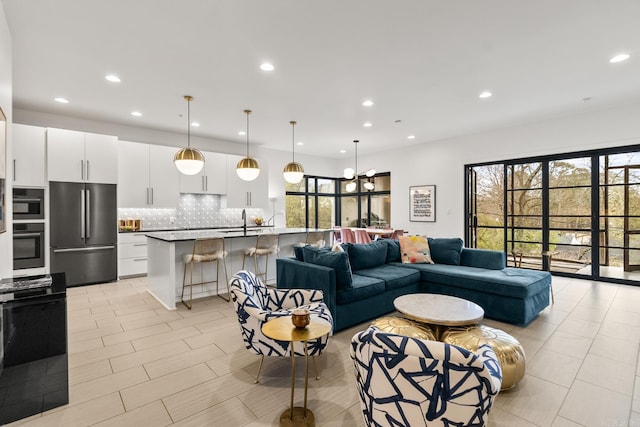 tiled living room with sink