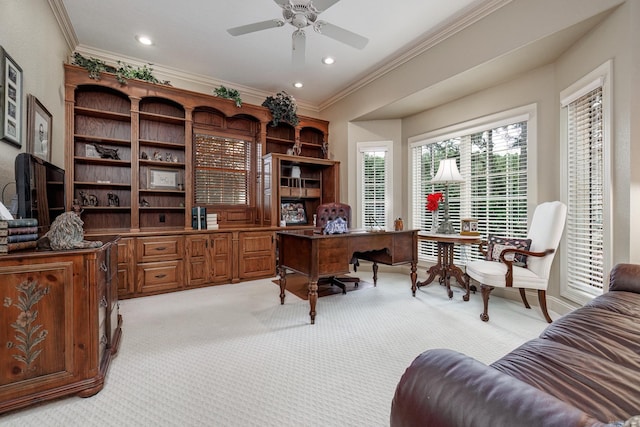 office area with a ceiling fan, ornamental molding, recessed lighting, and light carpet