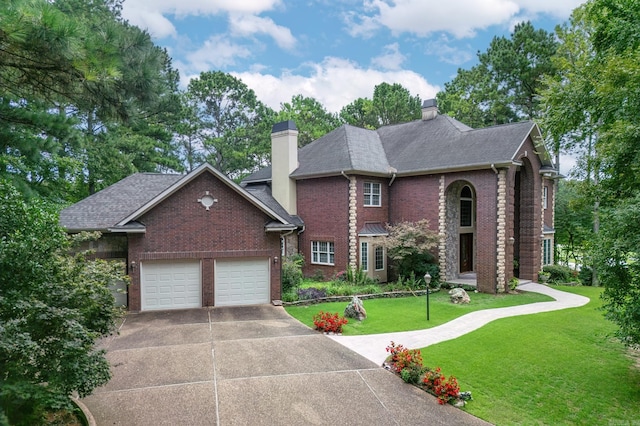 view of front of house featuring driveway, a front lawn, a garage, brick siding, and a chimney