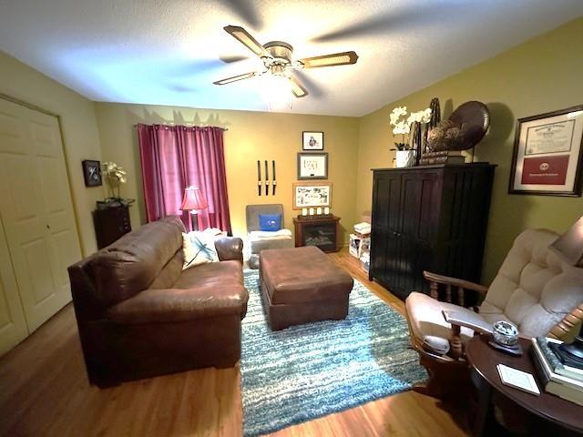 living room with wood-type flooring and ceiling fan