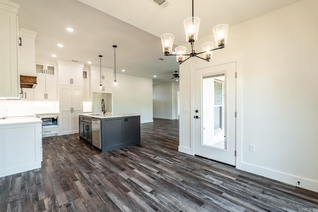 kitchen featuring white cabinetry, appliances with stainless steel finishes, a center island with sink, and pendant lighting