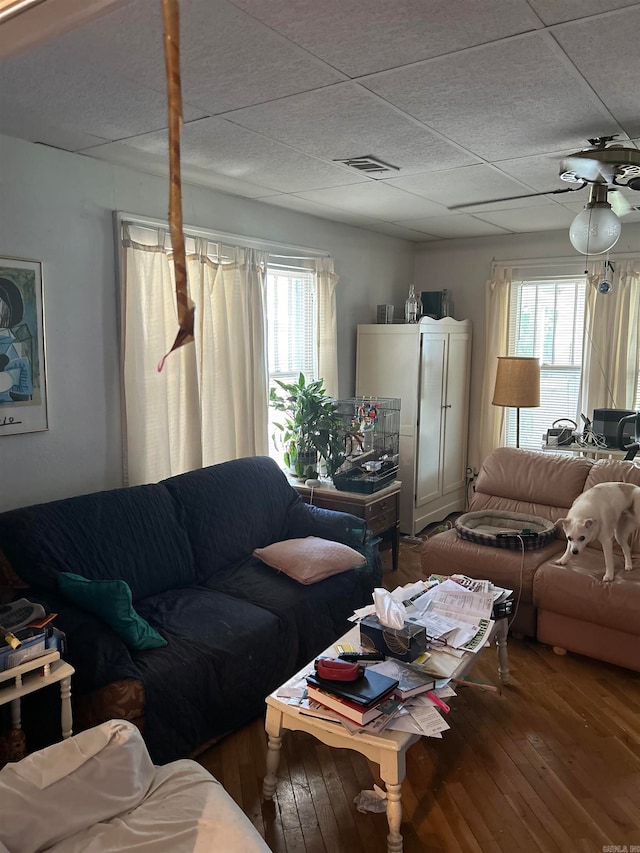 living room with ceiling fan and hardwood / wood-style floors