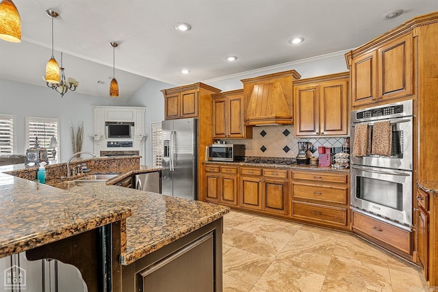 kitchen featuring premium range hood, stainless steel appliances, sink, light tile patterned floors, and backsplash