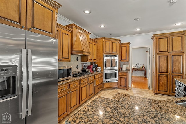 kitchen featuring tasteful backsplash, stainless steel appliances, light tile patterned floors, custom exhaust hood, and dark stone countertops