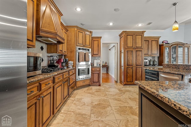 kitchen featuring appliances with stainless steel finishes, custom exhaust hood, crown molding, and backsplash