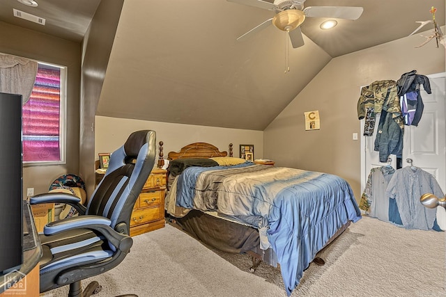 bedroom featuring carpet floors, ceiling fan, and vaulted ceiling