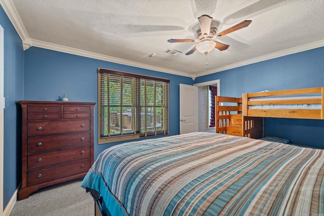 bedroom with light colored carpet, crown molding, and visible vents