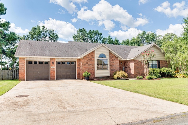 ranch-style home with a garage and a front lawn