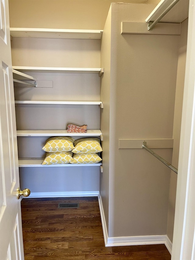 walk in closet with dark wood-type flooring