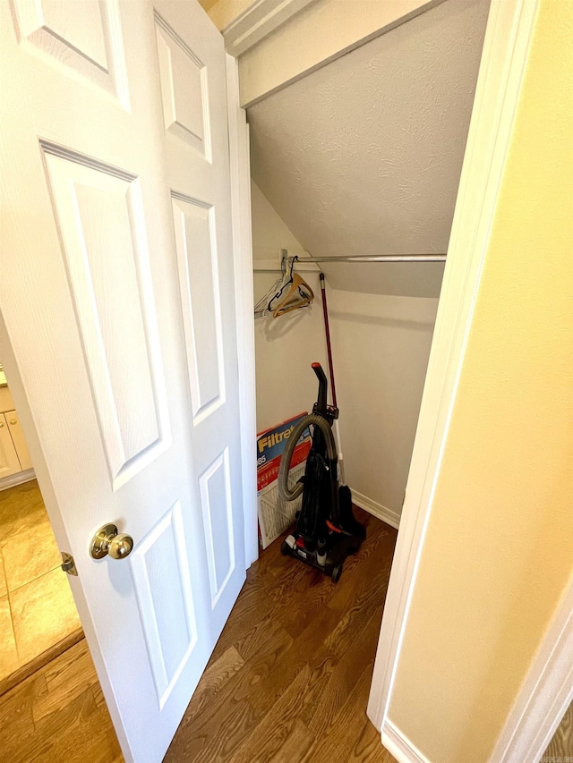 spacious closet with wood-type flooring and vaulted ceiling